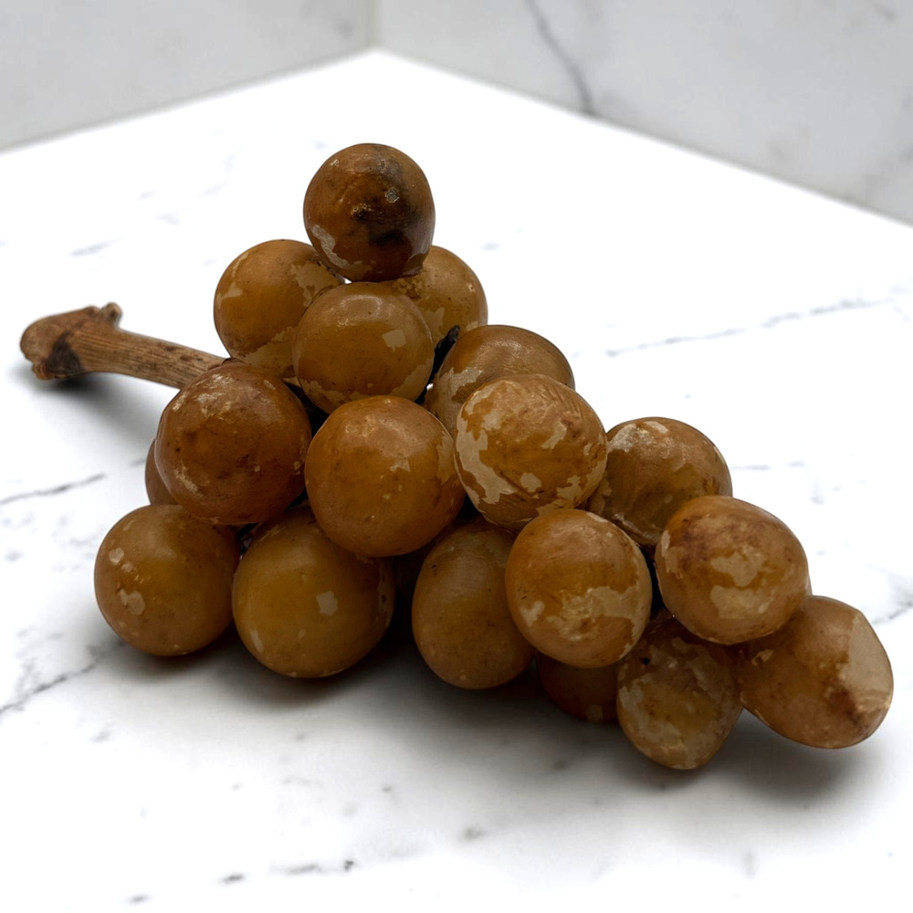 Alabaster Stone Grape Fruit Cluster Wood Stem Realistic Bunch Hand Carved 6.5" L